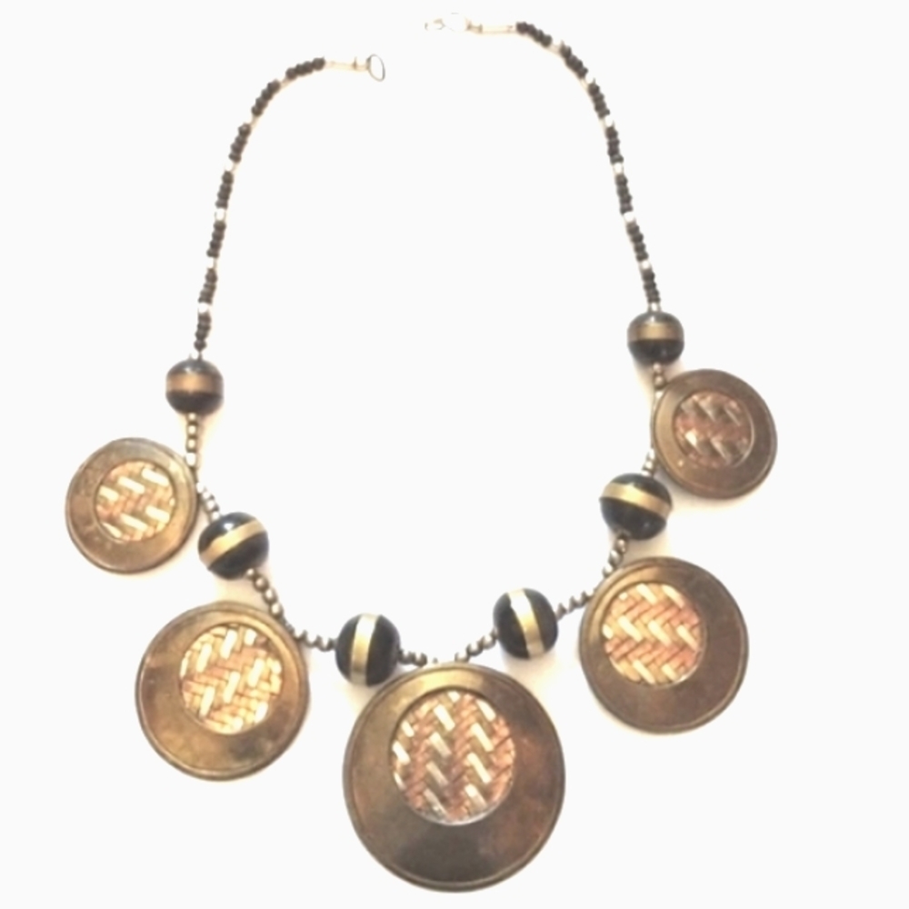 VINTAGE 70s BRASS COPPER AND BLACK BONE BIB COLLAR NECKLACE